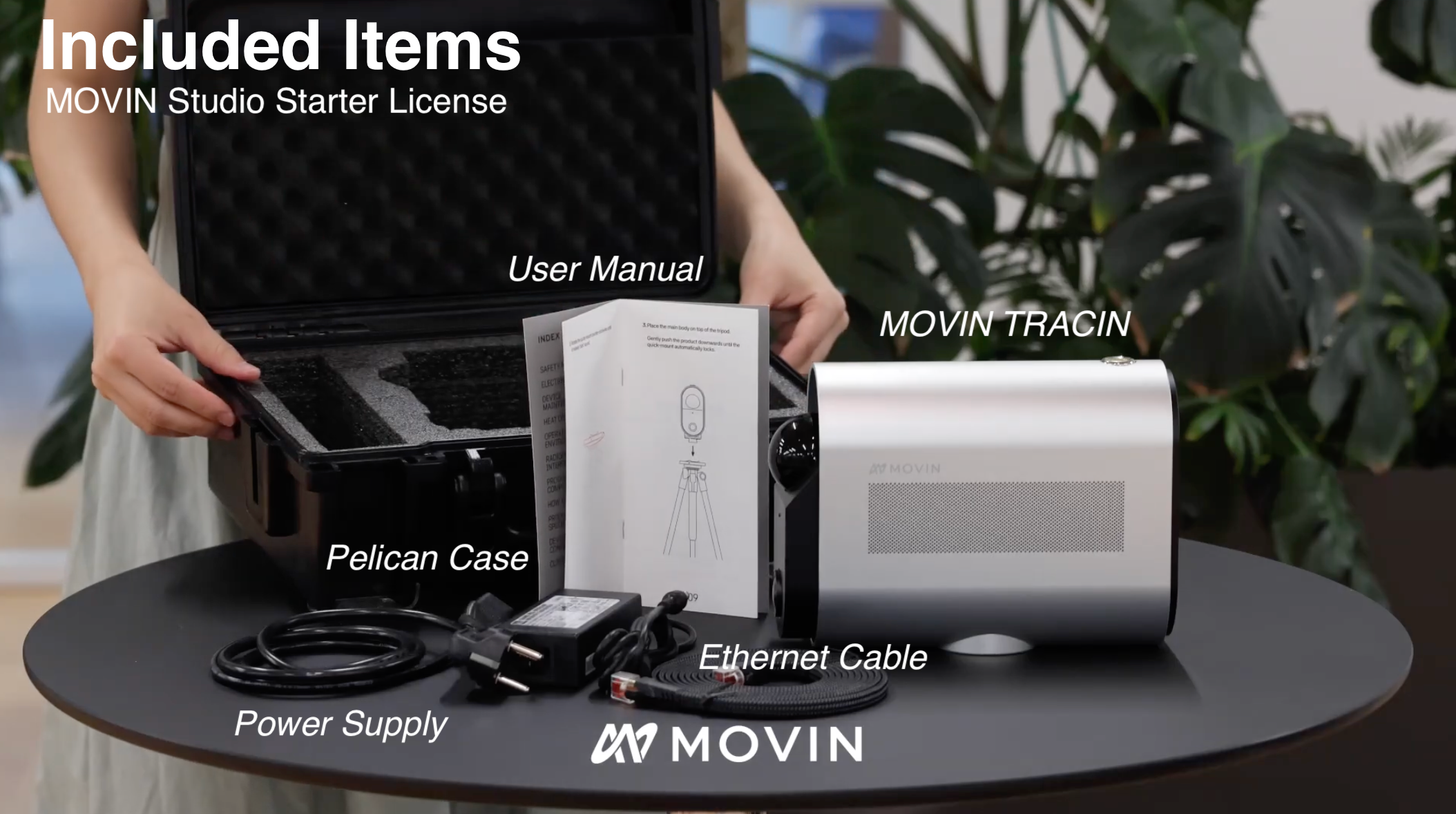 Included items for MOVIN TRACIN including the MOVIN TRACIN device, MOVIN Studio Starter License, user manual, power supply, Ethernet cable, and Pelican case