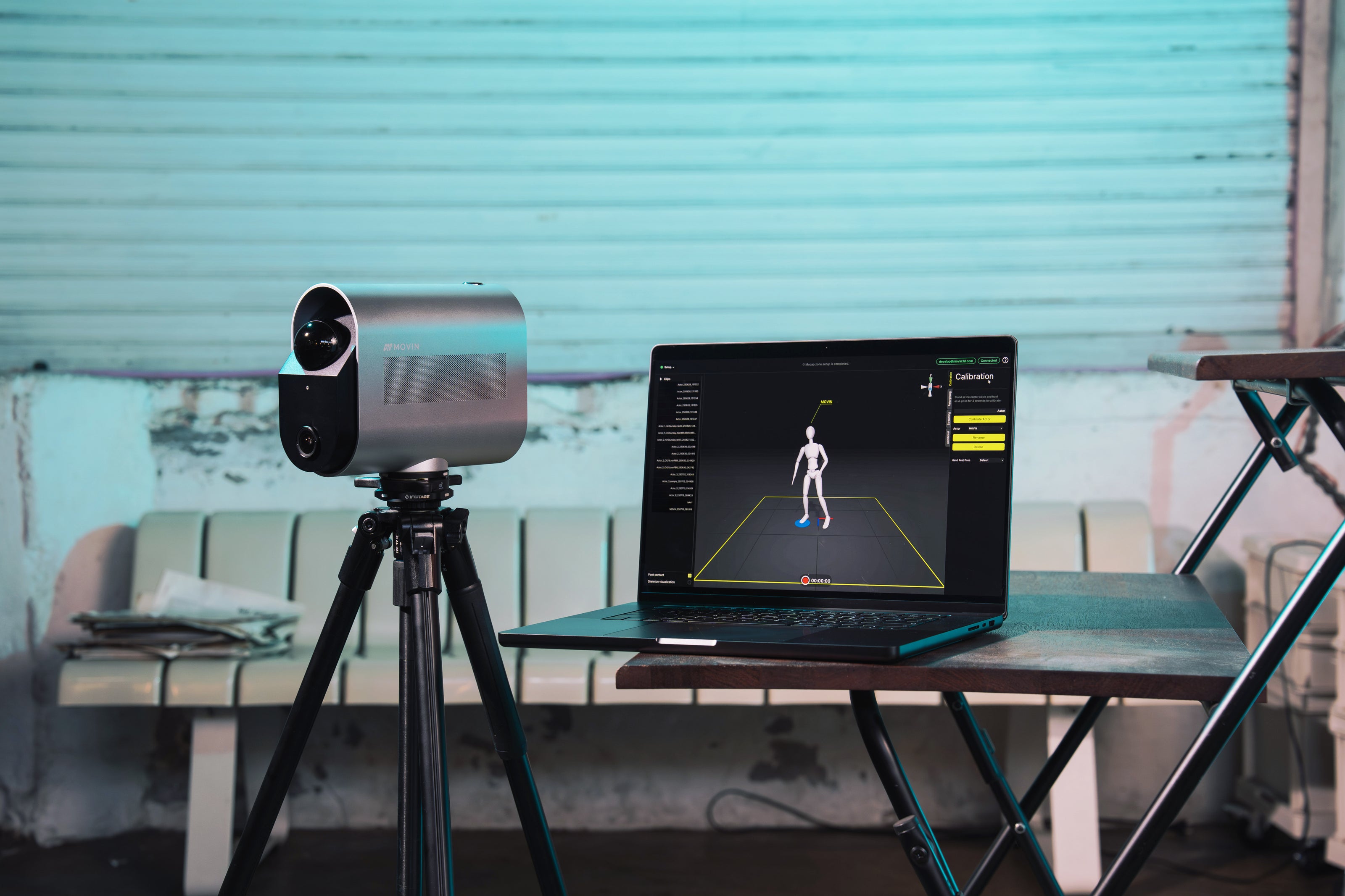 MOVIN TRACIN motion capture setup with a laptop running the MOVIN Studio app for Markerless full-body motion capture in real-time, powered by on-device AI