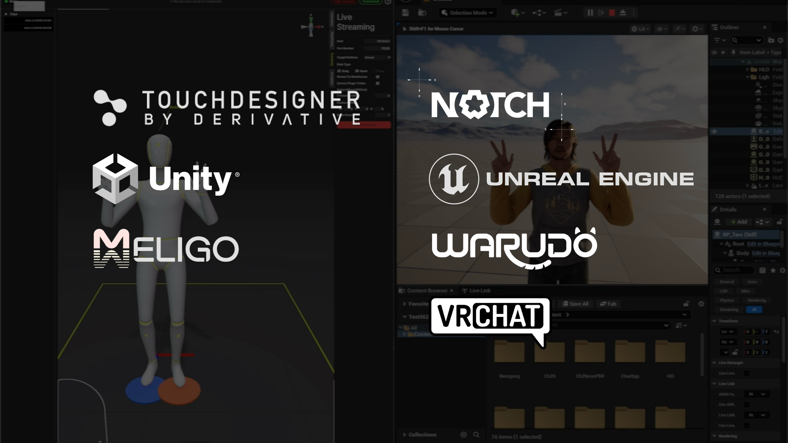Live streaming support in MOVIN Studio for Unity, Unreal Engine, TouchDesigner, Notch, Warudo, VRChat, and Meligo