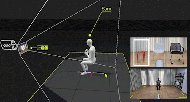 Motion capture example showing how large objects, such as oversized chairs, can obstruct the body and interfere with tracking accuracy