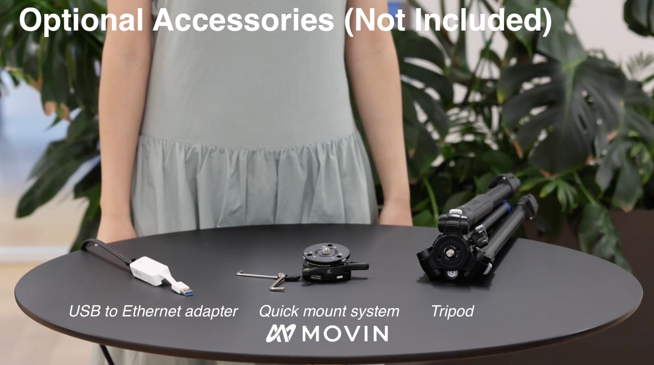 Optional accessories for MOVIN TRACIN including a USB to Ethernet adapter, quick mount system, and tripod.